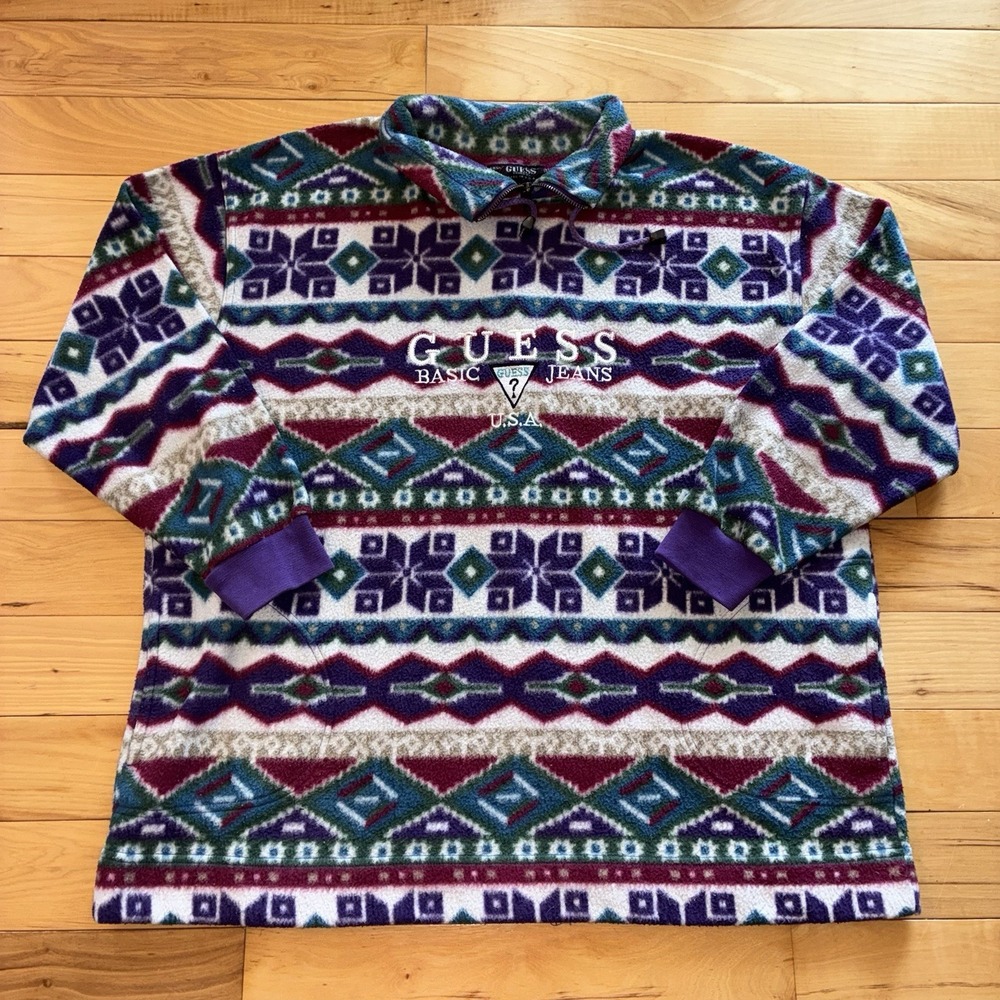 VINTAGE Guess USA Large Womens Black Fair Isle Aztec Fleece Mock Neck Colorful